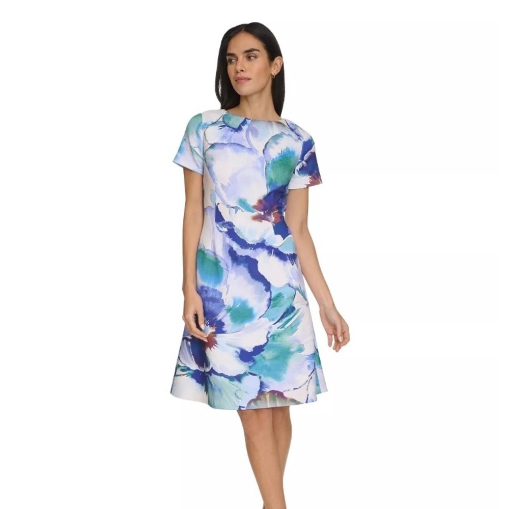 Calvin Klein Floral Short Sleeve Sheath Dress Blue Plus Size 18W Artsy Bold NWT
